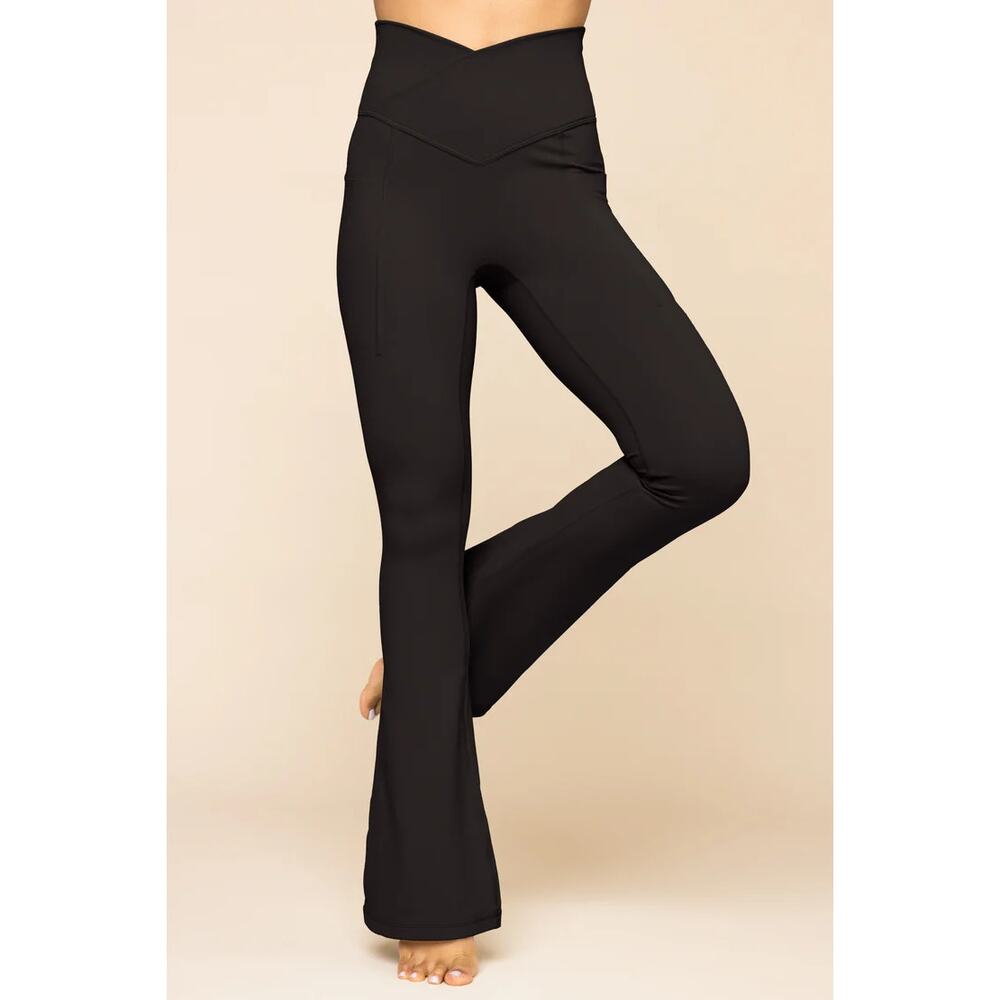 PopFlex Crisscross Hourglass Flared Legging Womens XXS Black High Rise Pockets